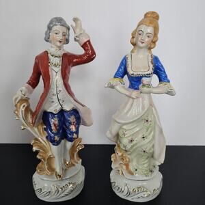 Pair Tall Occupied Japan Statues Figures Colonial Victorian Couple Hand Painted